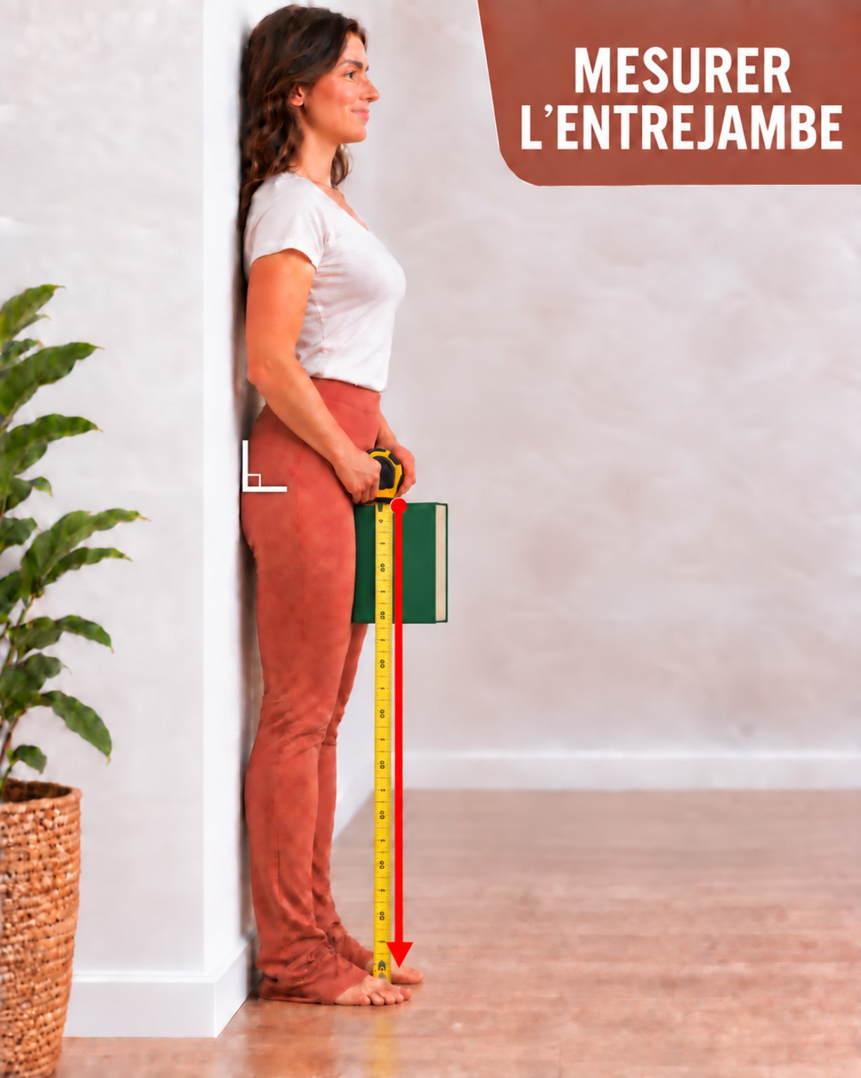 Une femme pieds nus, dos au mur, place un livre vert entre ses jambes et mesure la distance jusqu’au sol avec un mètre de chantier jaune.