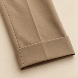 Ourlet à revers sur un pantalon beige, avec pli extérieur net et régulier.