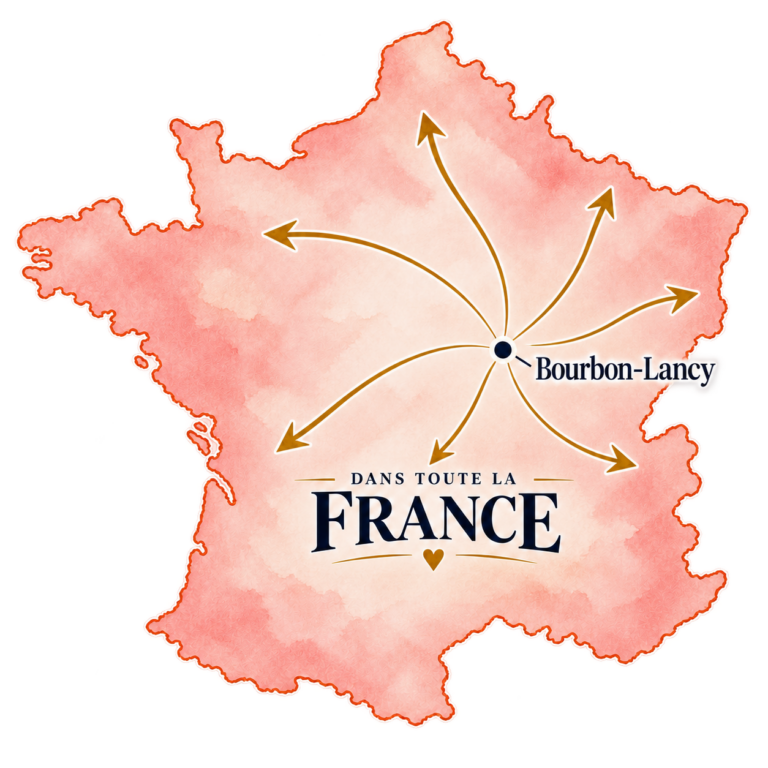 Carte de la France continentale : des flèches partent de Bourbon-Lancy, où se trouve l’atelier Pic’Up Retouche.