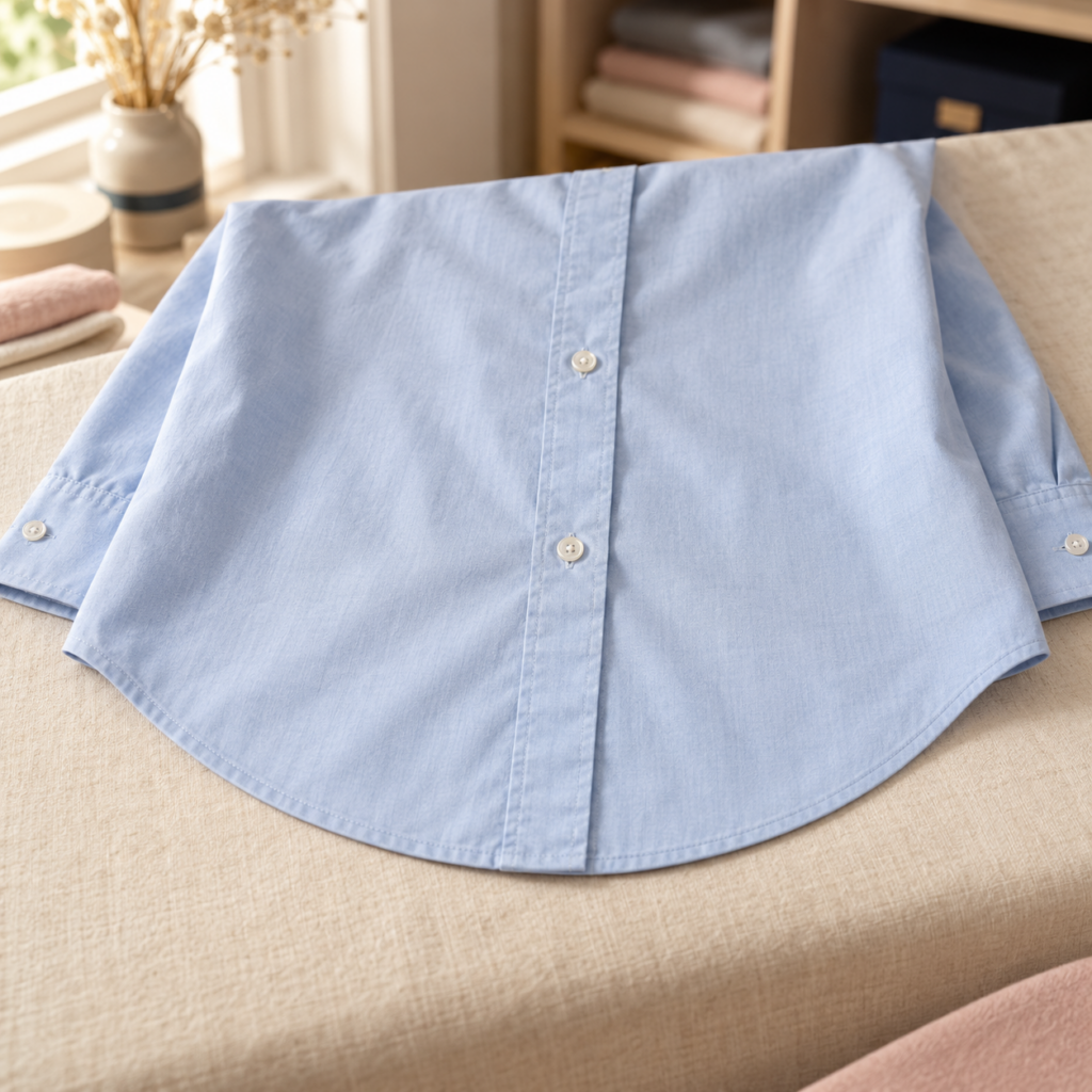 Bas arrondi d’une chemise bleu clair avec un ourlet piqué suivant la courbe.