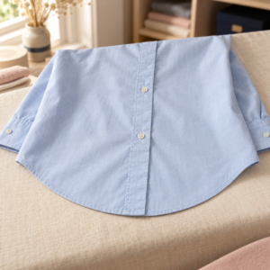 Bas arrondi d’une chemise bleu clair avec un ourlet piqué suivant la courbe.