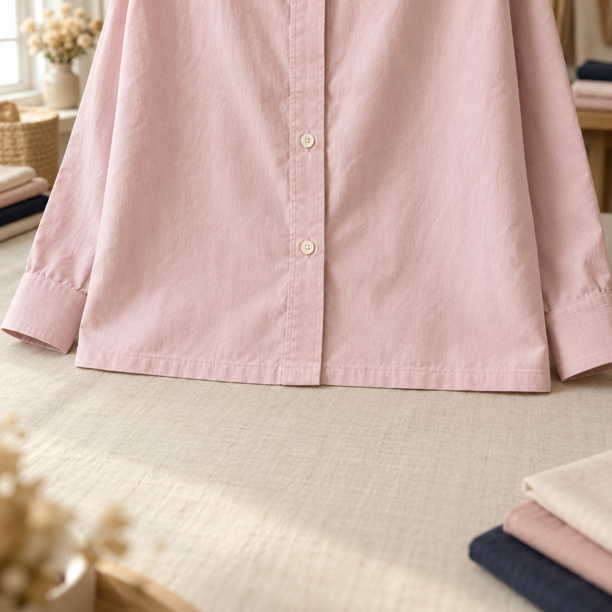 Bas droit d’une chemise rose poudré avec une piqûre régulière.