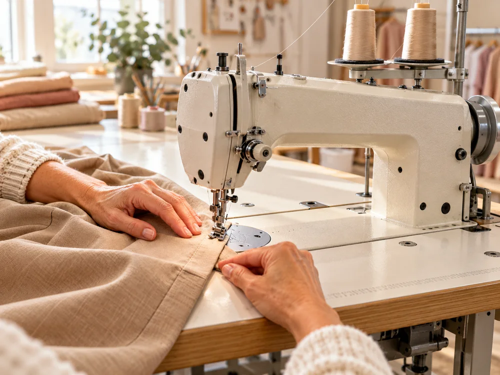 Scène illustrative : réalisation d’un ourlet avec une machine à coudre industrielle intégrée à sa table.