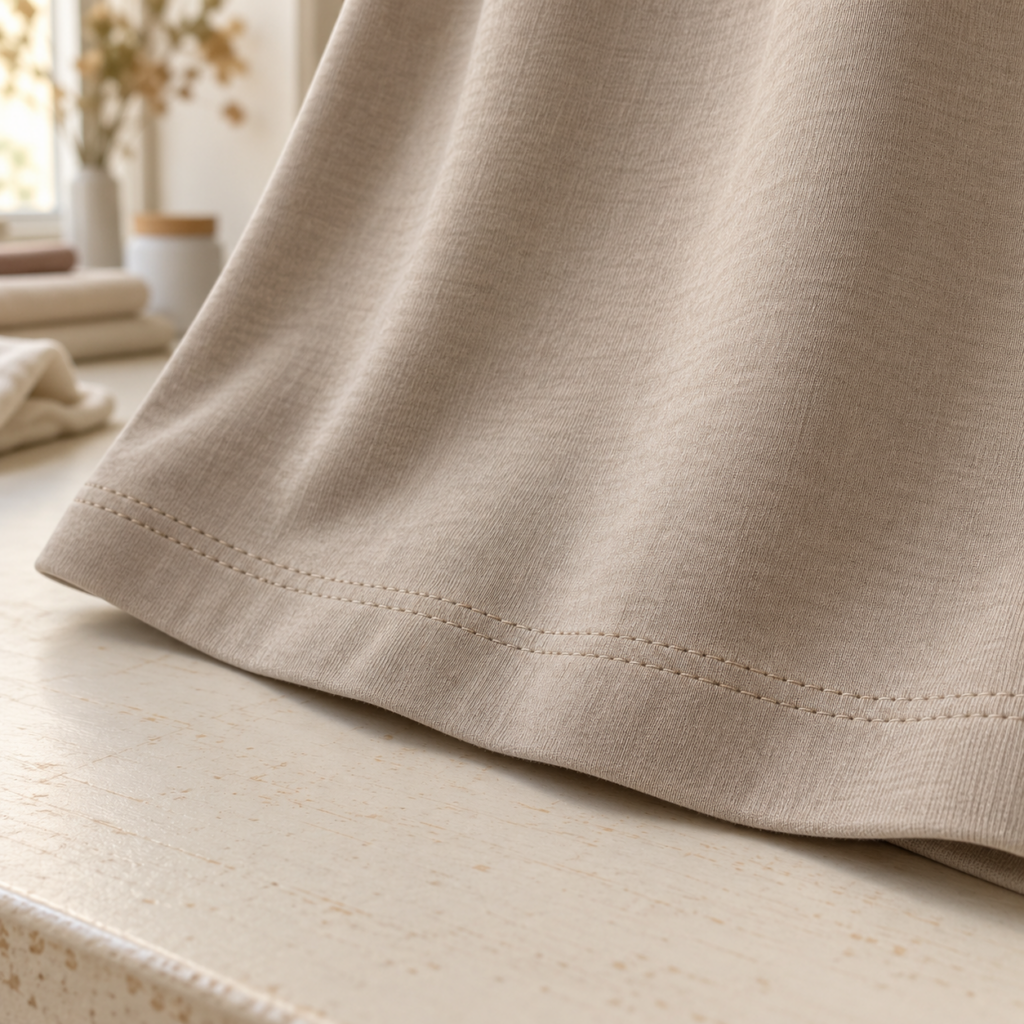 Détail de deux piqûres parallèles sur le bas d’une jupe beige en jersey extensible.