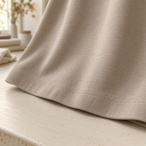 Détail de deux piqûres parallèles sur le bas d’une jupe beige en jersey extensible.