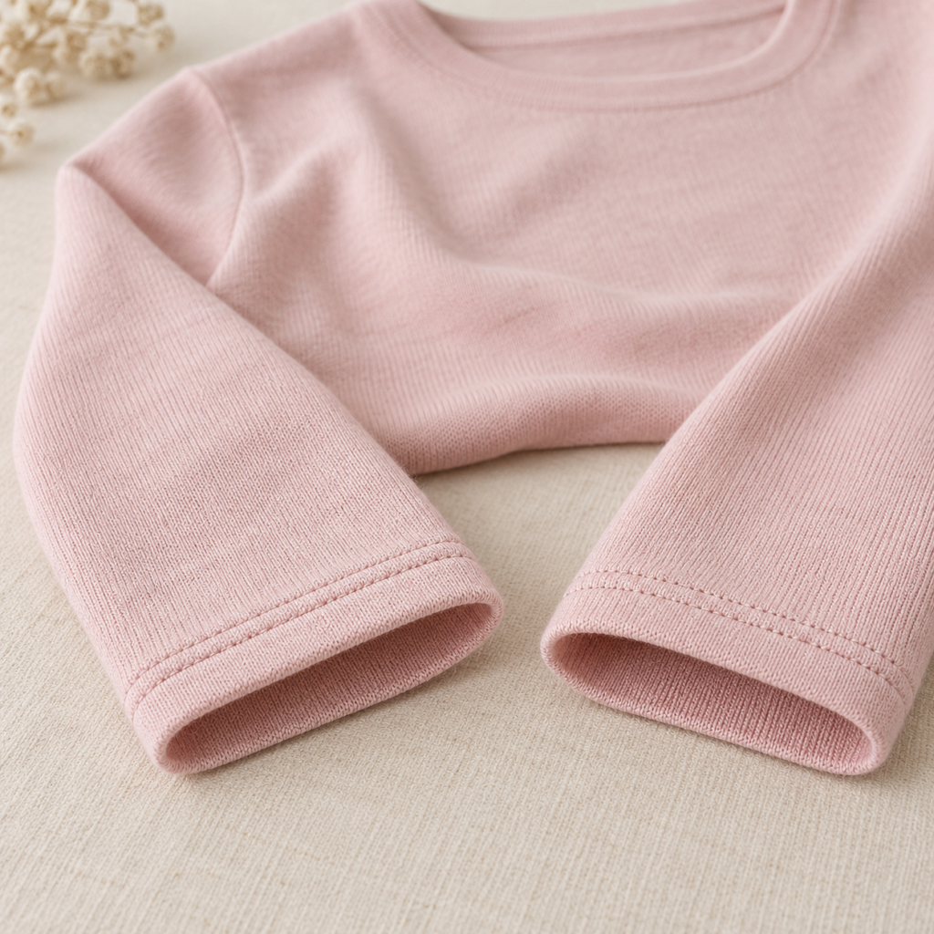 Deux manches simples d’un pull rose poudré en maille fine, terminées par des ourlets à deux piqûres parallèles.