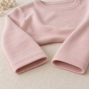 Deux manches simples d’un pull rose poudré en maille fine, terminées par des ourlets à deux piqûres parallèles.