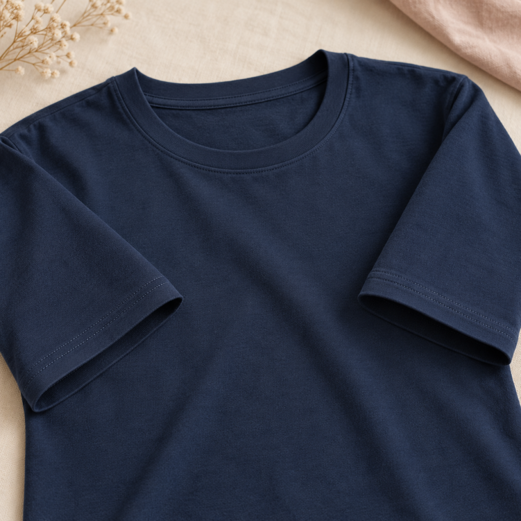 Deux manches d’un t-shirt bleu marine avec des ourlets à deux piqûres parallèles.