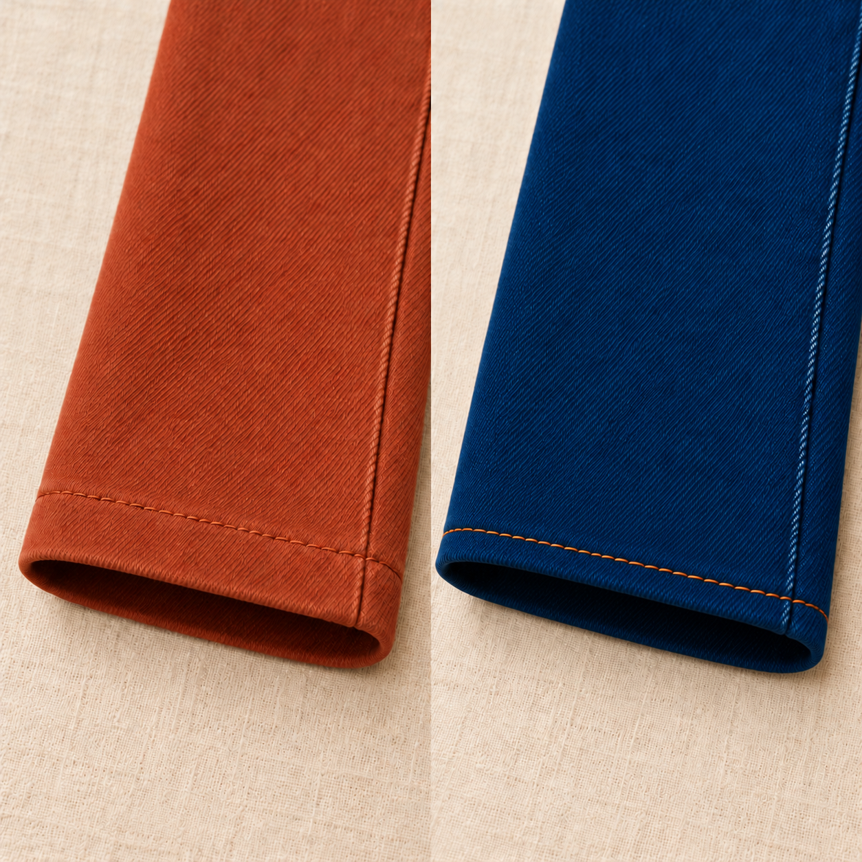 Détail de l’ourlet classique piqué sur un pantalon terracotta et un jean bleu sans délavage.
