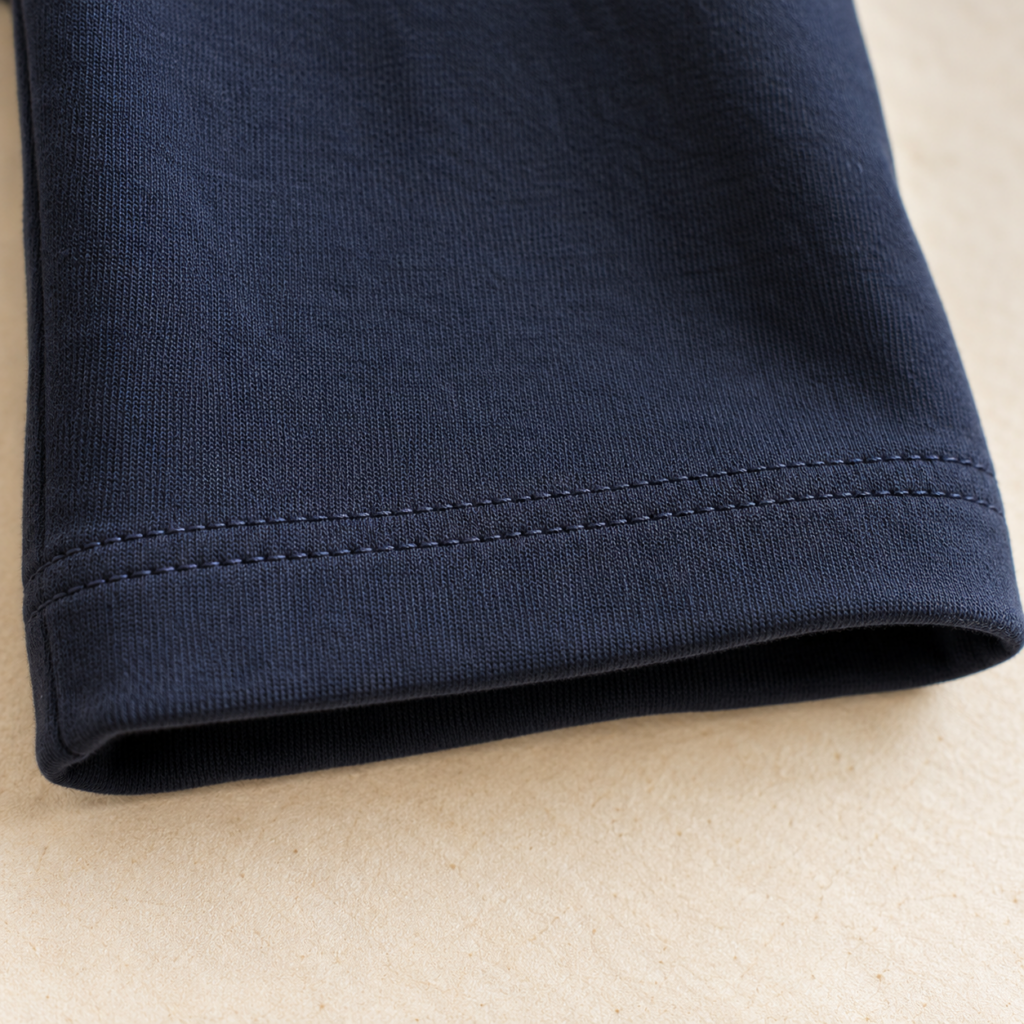 Illustration de deux piqûres parallèles sur un ourlet de pantalon extensible bleu marine.