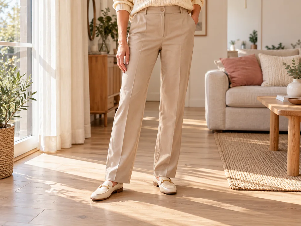Scène illustrative : un pantalon beige porté avec un ourlet ajusté au-dessus des chaussures.