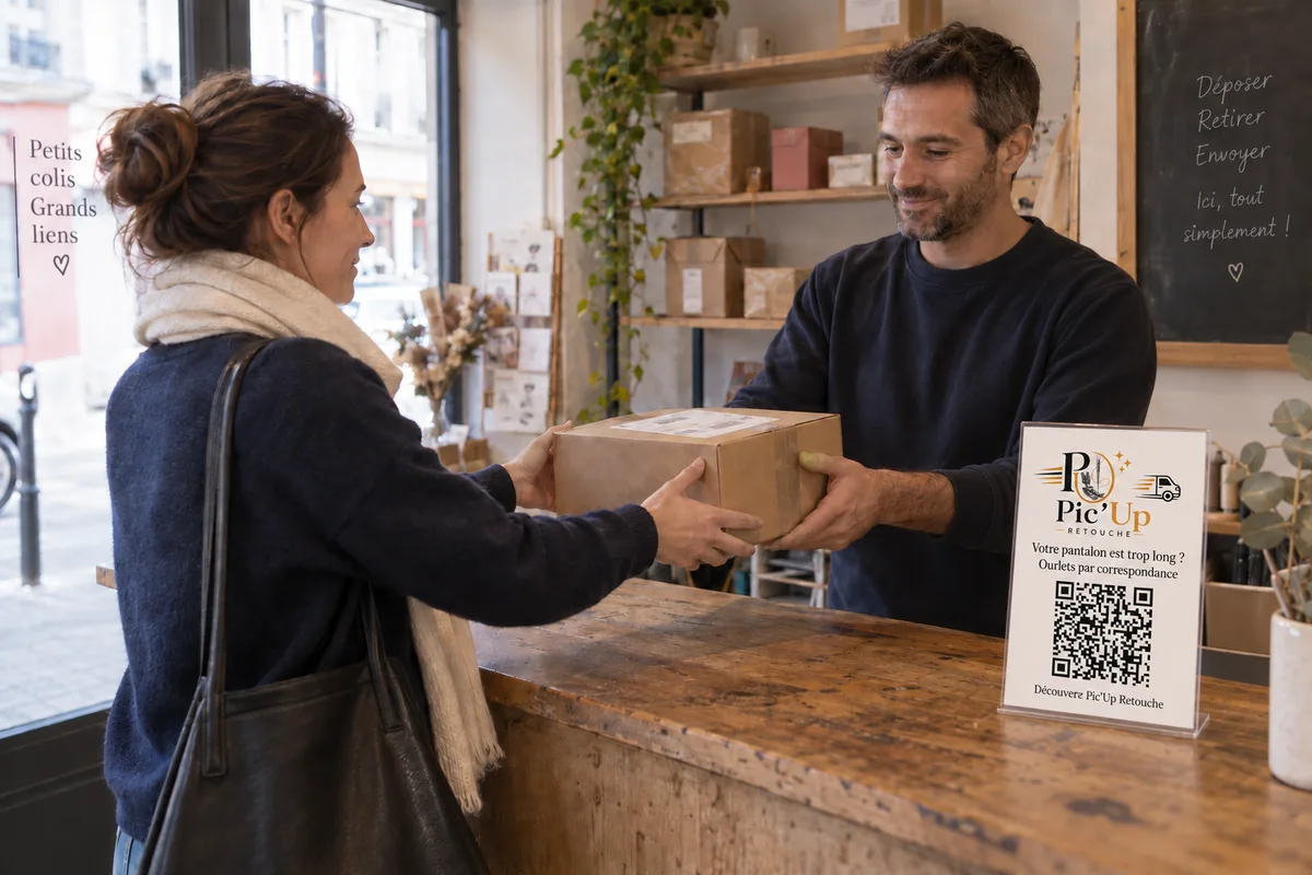 Scène illustrative : remise de colis avec une affichette A4 portant le logo Pic’Up Retouche et un QR code.