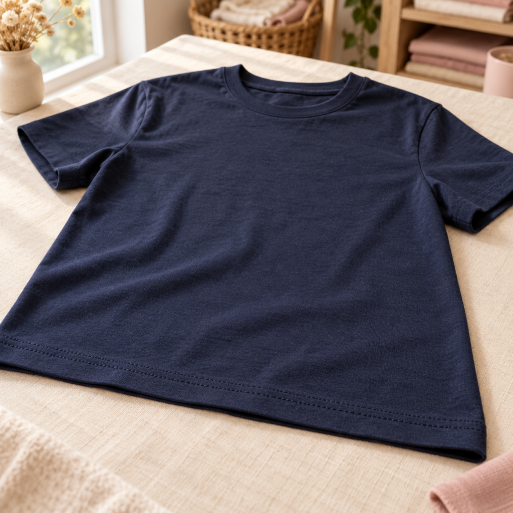Bas d’un t-shirt bleu marine en jersey avec deux piqûres parallèles.
